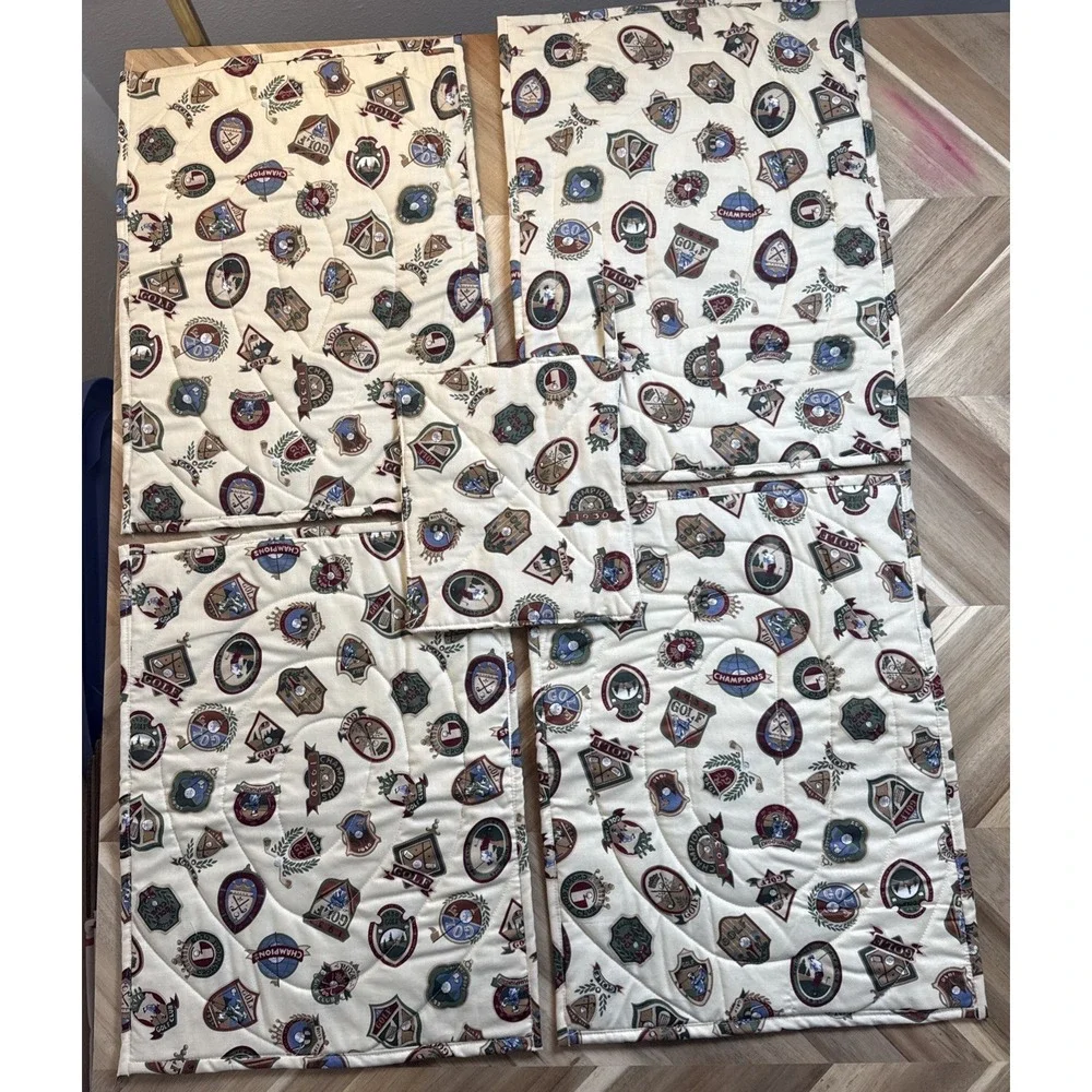 P Kaufman Printworks Handmade Quilted Golf Crests 4‎ Placemats 1 Pot Holder NEW